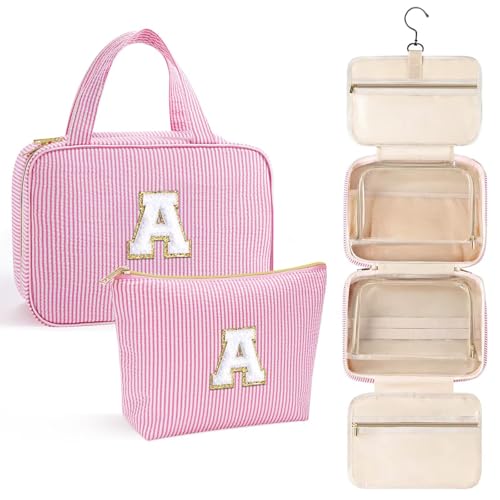 YOOLIFE Hanging Toiletry Bag Makeup Bag for Women Girls, Initial Toiletry Bag Cosmetic Bag, Personalized Birthday Gifts for Women Teen Girls, Letter A, Pink