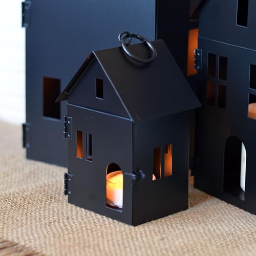 Image of Main Street Town House Candle Lanterns, Set of 3, Vintage Style, Architectural Details,Rustic Black, Metal, 13.75, 8.25, and 5 Inches Tall