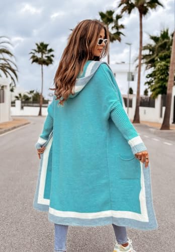Image of utcoco Women's Oversized Hooded Cardigan Sweaters Color Block Open Front Long Sweater Coat Outwear with Pockets