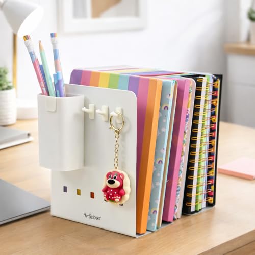 Image of Adjustable Bookend Organizer with Pen Holder | Expandable Desk Bookshelf for Office, Study, and Home | Book Rack Stand for Books, Files & Stationery (Extends Up to 17 Inches) - White