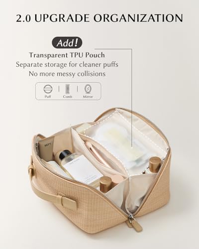 Image of EACHY Travel Makeup Bag, Woven Travel Waterproof Toiletry Bag, Portable 180 Wide-Open Flat Cosmetic Bags for Women, Large Capacity Makeup Pouch with Divider and Handle