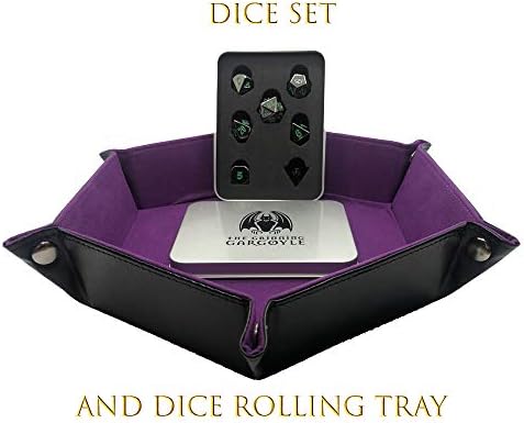 Metal Dice Set D&D - 7 Die Metal Polyhedral Dice Set with Metal Gift Box - Hexagon Purple DnD Rolling Tray for RPG Tabletop Games like Dungeons and Dragons Pathfinder - D20 D12 D10 D8 D6 D4  Dice Mat