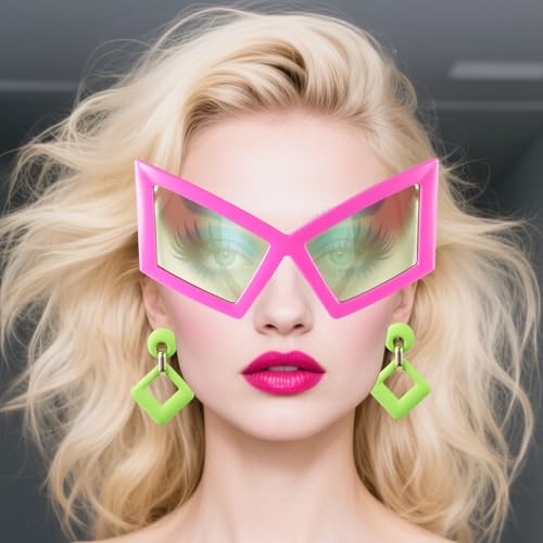 Oversized Cat Eye Sunglasses, Acrylic Rectangle Earrings,Funny Glasses Novelty Party Sunglasses for Fashion Women Hip Hop Dance Party (pink and green color,2 Pairs)