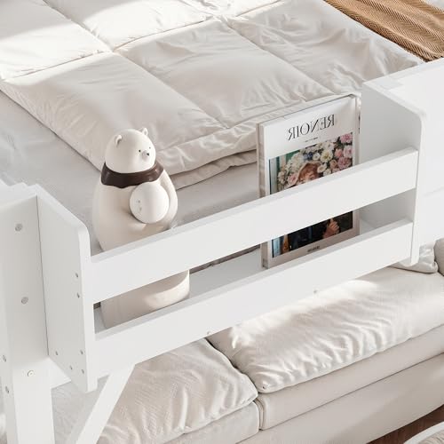 Image of KEIKI Solid Wood Queen Size Loft Bed Frame with Stairs, Built-in Wardrobe and Storage Space, Queen Loft Bed with Shelves, Queen-Length Guardrails, No Box Spring Needed for Bedroom, Light White