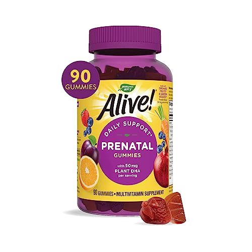 Nature's Way Alive! Daily Support Prenatal Gummies, 50Mg Plant-Based Dha Per Serving, Vegetarian, 90 Gummies, Orange And Raspberry Lemonade Flavored #TOP13