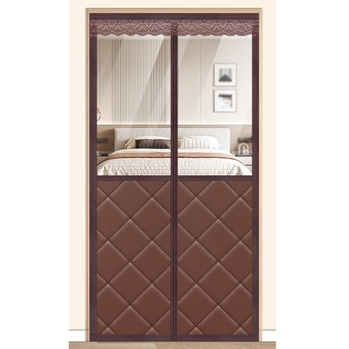 Magnetic Insulated Door Curtain, Magnetic Curtains, Thermal Door Curtain, with High-definition Large Windows and Hooks, Thickened and Warm, Waterproof Material, Can Be Used in All Seasons(Brown,130*24