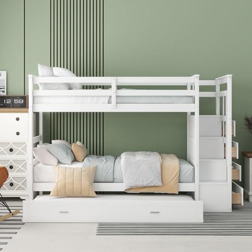 P PURLOVE Twin Over Twin Bunk Bed with Stairs and Trundle, Solid Wood Bunk Beds with Stairway Storage for Teens,Kids,White