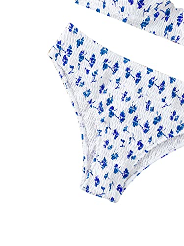 Shein Women's Floral Swimsuit Push Up High Waisted Smocked Bikini Set Underwire Shirred Bathing Suit Blue And White Medium #TOP4