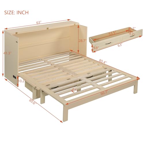 SOFTSEA Queen Size Murphy Bed, Murphy Bed Cabinet Queen with Built-in Charging Station and Large Storage Drawer, Rattan Door Foldable Bed for Home Office or Guest Room, Gold