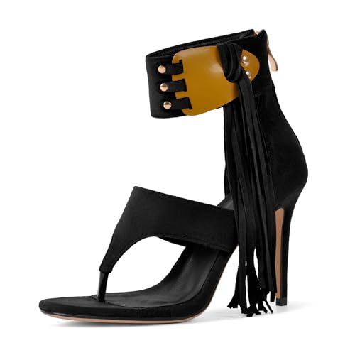 richealnini Back Zip Up Fringe Ankle Strappy Thong Sandals with Rivets Fashion Stiltto Heel Party Wedding Shoes2