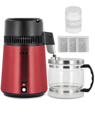 CO-Z Water Distiller Stainless Steel Distilling Pure Water Machine for Home Countertop Table Desktop 4 Litre Pure Drinking Water Maker Tabletop Red