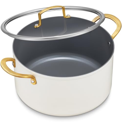BEZIA 8 Quart Ceramic Stock Pot, Non Toxic Soup Pots with Lid, Non Stick Pot with Stainless Steel...