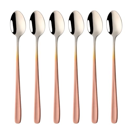 SBOMHS Cucharas para latte macchiato 18/10 de acero inoxidable, de mango largo, para café, capuchino, cucharas de postre, 20 cm, para yogur, Nutella, café con leche, 6 unidades (oro rosa degradado)