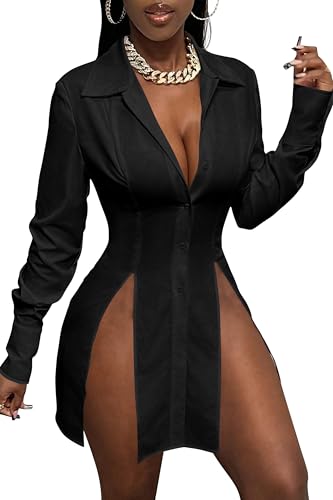 KWSTAIN Womens Shirt Dress Button Down Long Sleeve Collar V Neck Sexy Slit Casual Loose Blouses Tops Mini Dresses for Women (Black,L)