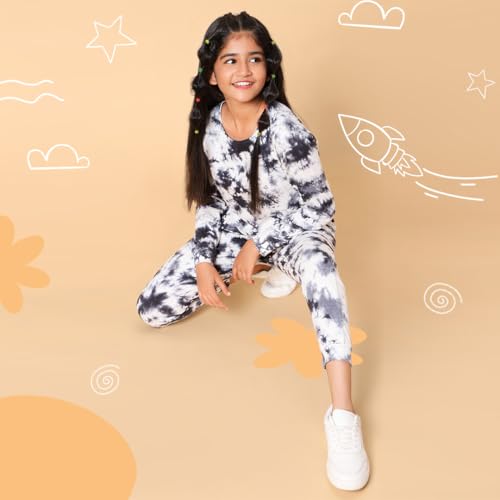 Image of TeenTrums Tie Dye Black Co-ord Set with Boat Neck Tshirt & Joggers, 100% Cotton, Fashion for Youth, Stylish Teen Fashion Collection, Tie Dye Set of Top & Bottom for Girls, Age 05 to 16 Years
