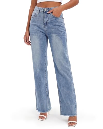 Zylioo Pantalones de mezclilla para mujer, de cintura alta, extralargos, elásticos, de pierna recta, color azul clásico, Dobladillo azul sin rematar, XL Extra alto