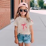 Lubpow Girls Cute Christian Shirts Kids Pink Bow Shirt Jesus God Faith Tshirts Aesthetic Cross Bible Verse Graphic Tee Tops(Apricot,150)