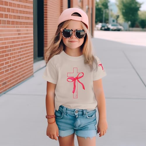 Lubpow Girls Cute Christian Shirts Kids Pink Bow Shirt Jesus God Faith Tshirts Aesthetic Cross Bible Verse Graphic Tee Tops(Apricot,150)