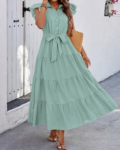 dowerme Women's Summer Casual Dresses 2026 Cap Ruffle Sleeve V Neck Button Belted Tiered Boho Maxi Dress with Pockets(Mint Green,X-Large) — view 4
