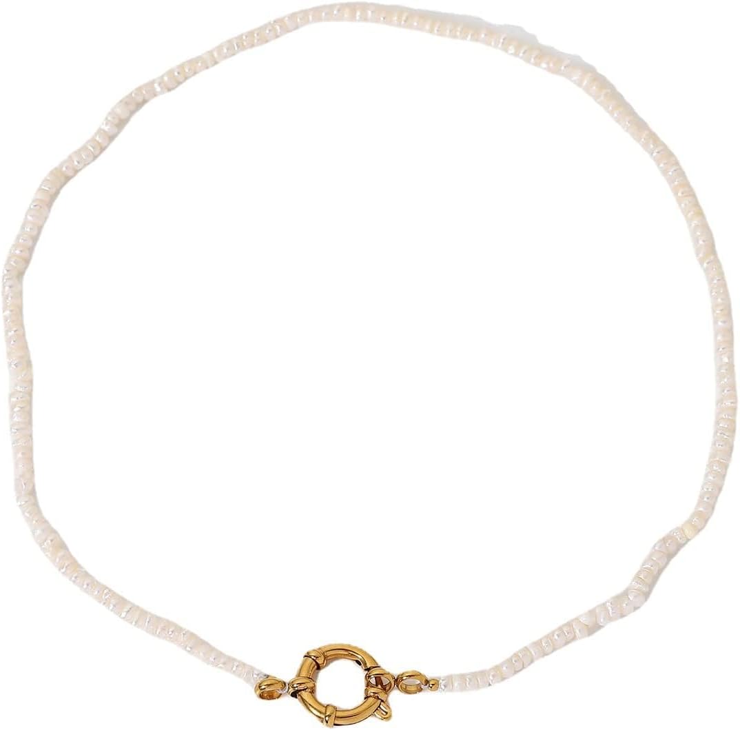 14K Gold over S925 Sterling Silver Pearl Clavicle Necklace, OT Buckle Freshwater Pearl Beaded Necklace, Beautiful Women's Day, Birthday Gift for Wife,Girlfriend