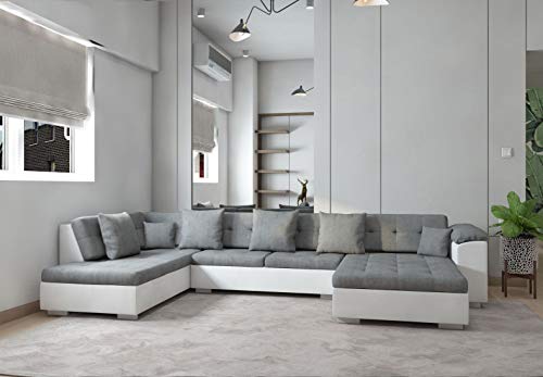 Tendencio Grand Canapé d'angle panoramique Atrium Moderne et Design en Tissu et Simili Cuir Gris et Blanc Angle Gauche