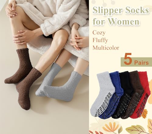 Image of AIBFRID Slipper Socks with Grips for Women Men, Mens Non Slip Ankle Fuzzy Soft Fluffy Sleep Socks Winter Thick Warm Cozy Grip Hospital Socks for Women Girls