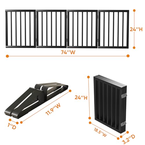 Mino Kesper Black 37-74\" Dog Gate Foldable Dog Gates for Doorways Stairs House Freestanding Pet Gate Puppy Barries 24 inches Tall - Thumbnail 6