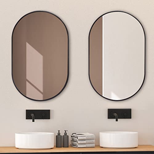 Howofurn Wall Mounted Mirror 20’’X30’’, Oval Bathroom Mirror, Vanity Wall Mirror W/Stainless Steel Metal Frame & Pre-Set Hooks For Vertical & Horizontal Hang, Ideal For Bedroom, Black #TOP1
