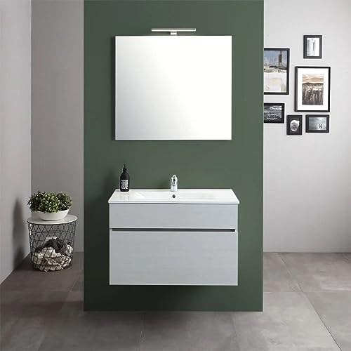 Kiamami Valentina Mueble de baño suspendido de 80 cm con cajón, Lavabo de cerámica y Espejo de 80x60 Silvia