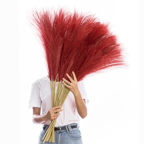 Image of 38 inch 10 Stems Faux Pampas Grass Tall Decor Red Pampas Grass for Floor Vase