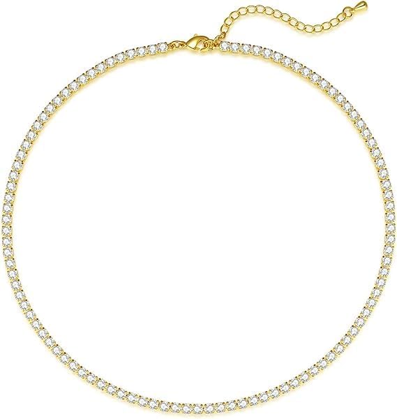 Tennis Necklace for Women, Gold/Silver Plated Rhinestone Choker Necklaces Zirconia Cut Faux Diamond chain Wedding Jewelry for Women
