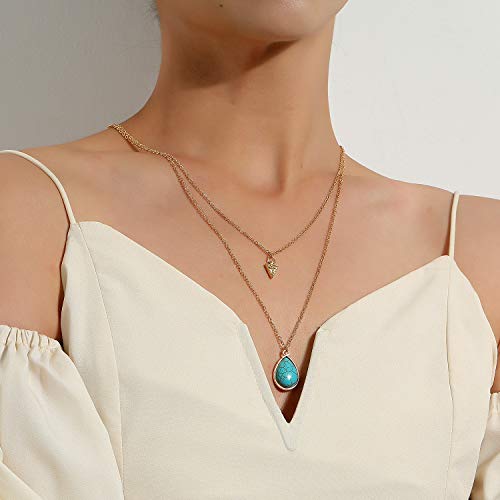 Ckecharfa Boho Layered Turquoise Necklaces Gold Teardrop Stone Pendant Necklace Arrowhead Neck Chain Adjustable Jewelry for Women and Girls