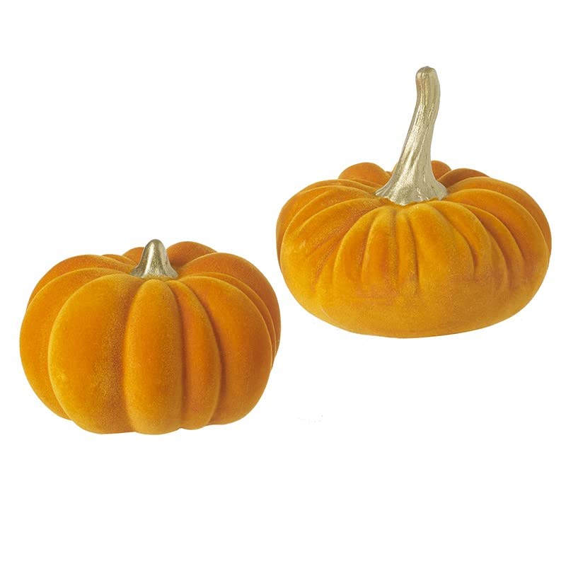 Heaven Sends Set of 2 Orange Fuzzy Pumpkins with Gold Stalks Halloween Decorations