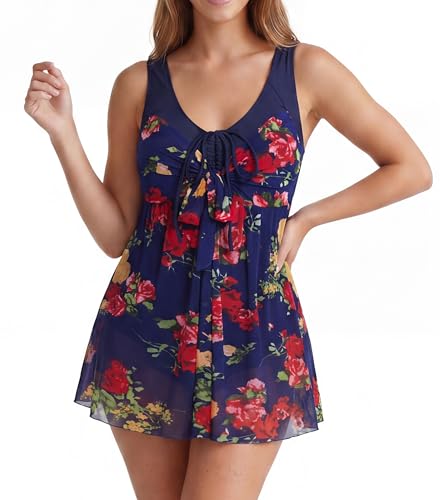 wantdo Women's Plus Size Swimdress Flower Printed Swimwear Cover Up Swimsuits Navy Red US 18-20