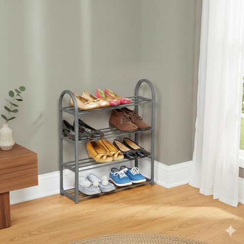 Image of Premium 4-Tier Metal Shoe Rack Organizer | Elegant Space-Saving Shoe Stand for Home & Entryway | Heavy-Duty Steel | Stores 8-12 Pairs (Grey, 4)