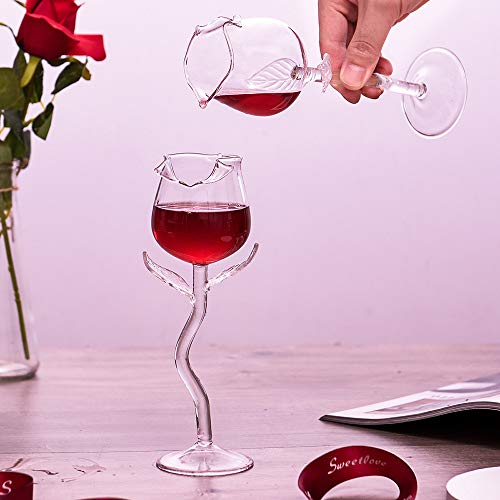 FASW Conjunto de taça de vinho rosa de vidro de flor de rosa, copo de vinho em forma de rosa para fe
