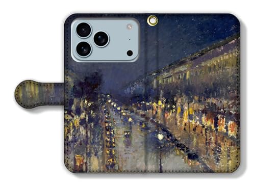 手帳型 iPhone17 Pro互換 スマホケース 【世界の名画】 カミーユ・ピサロ ☆印象派☆ アート 絵画 芸術 西洋画 風景画 (夜のモンマルトル大通り)