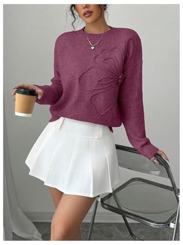 Image of RoseSeek Women's 3D Floral Appliques Crewneck Sweaters Long Sleeve Drop Shoulder Pullovers Elegant Knit Tops
