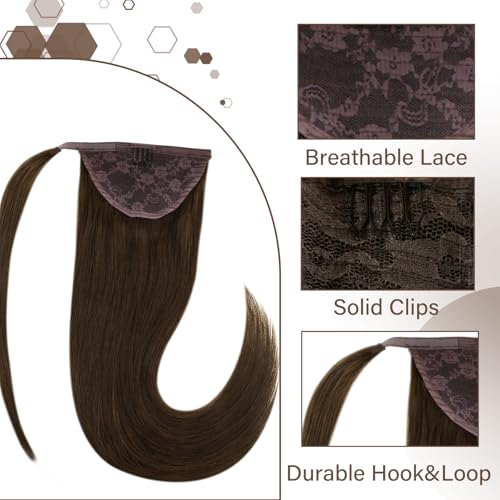 Hetto Hair Extension Ponytail Human Hair Brown 18 Inch Clip in Ponytail Hair Extensions Wrap Around Real Hair Ponytail Extension Straight for Quick Hairstyles 80g #4 - Image 2