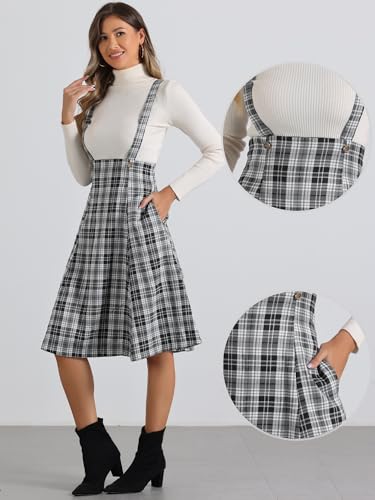 Allegra K Overall Plaid Dress for Women's Tartan Pinafore Suspender Skirt Large Black2