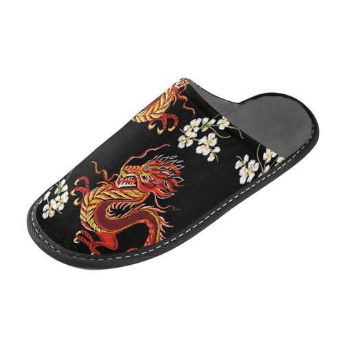 ALAZA Chinese Japanese Dragon Flower White Fuzzy Slippers for Women Men Warm Soft Lightweight Memory Foam House Slippers 9-102