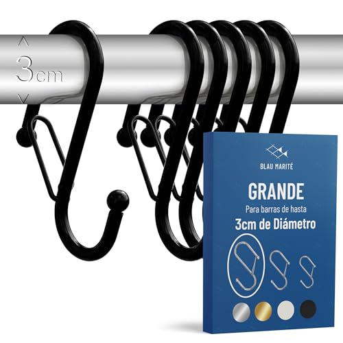 Blau Marité Pack de 6 Ganchos en S para Colgar – Gancho en S con Cierre de Seguridad Anticaída – Ganchos en Forma de Ese para Armario y Almacenaje – Para Barras de Hasta 3 cm Diámetro – Negro