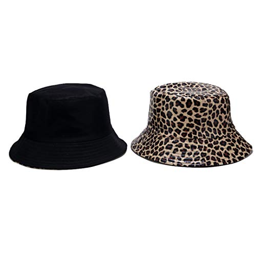 Leopard Print Bucket Hat Pu Leather Cheetah Animal Pattern Rain Hats Reversible Packable Fisherman Caps For Women Men (Khaki) #TOP4