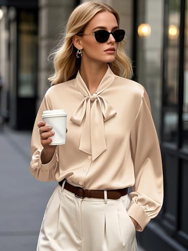 CBOO Women's Bow Tie Neck Button Down Shirts Silk Blouses Long Sleeve Elegant Satin Blouse Casual Dressy Business Tops2