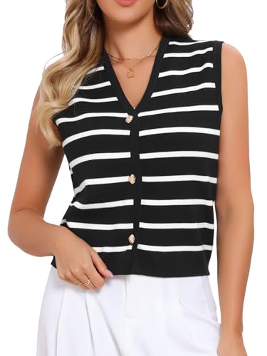Allegra K Striped Sweater Vests for Women's Casual Sleeveless V Neck Button Up Crop Knit Vest Tops