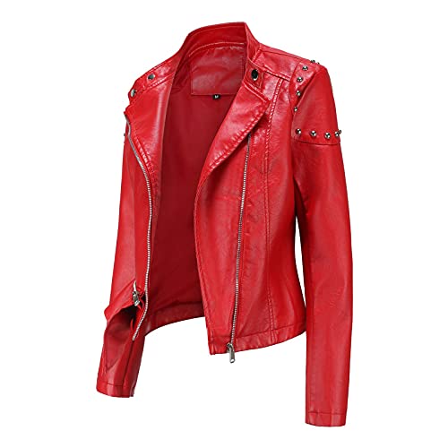 Faux Leather Jacket for Women Bomber Jacket Trendy Studded Rivet Long Sleeve Leather Jackets Moto Coat for Biker2