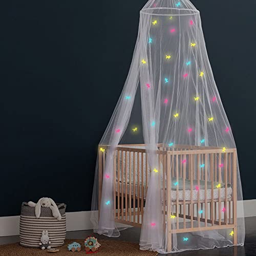 Image of Canopy for Girls Bed with Pre-Glued Glow in The Dark Unicorns - Princess Mosquito Net Room Decor - Kids & Baby Bedroom Tent with Galaxy Lights - 1 Opening Canopy Bed & Hanging Kit Included