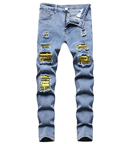 Hombre Slim Fit Vaqueros Pantalon Rasgado Parche Pantalones Vaqueros Skinny Elásticos Rotos Ripped Denim Pantalones para Hombres (Azul,L,L)