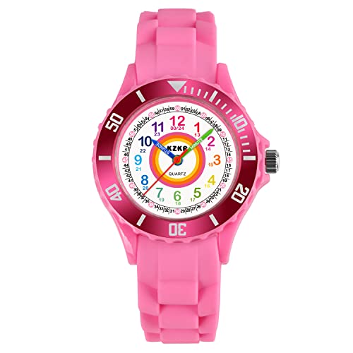 KZKR Reloj de pulsera para niños y niñas, fácil de leer, reloj de aprendizaje, reloj de niña, reloj deportivo, resistente al agua, color rosa Cover