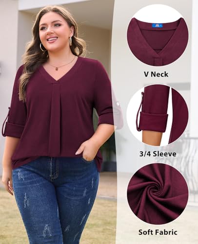 Plus Size Tops for Women V Neck Blouse Pleated Front Loose Fitting Tunic Top Dressy Casual Fall Clothes 2025